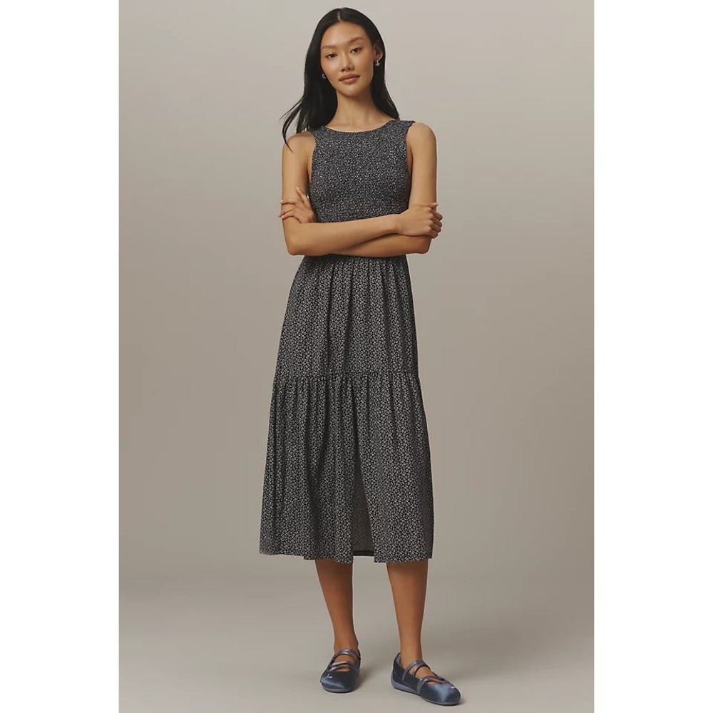 Nation LTD Los Angeles Clementine Midi Dress Smocked Anthropologie Navy Size XS